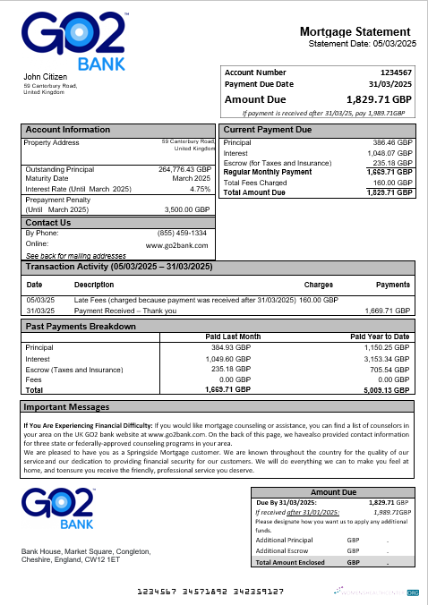 Download United Kingdom GO2 bank mortgage statement in Word and PDF formats Photoshop template